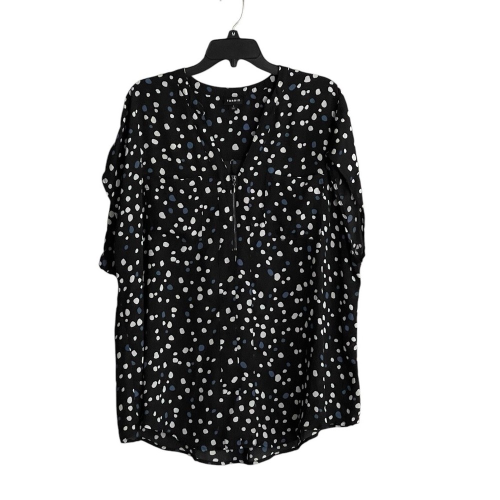 Torrid Women Top 2 Black Polka Dot Blouse Short Sleeve V Neck 1/4 Zip 2XL